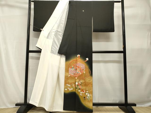 平和屋着物■豪華黒留袖 駒刺繍 文箱草花文 暈し染め 金彩 正絹 逸品 CABH9094ev