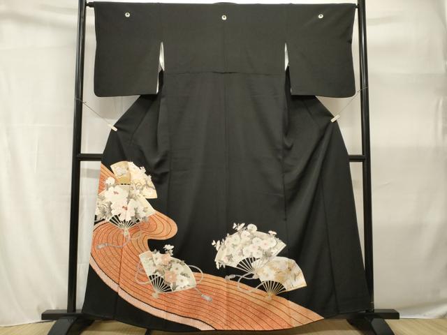 平和屋着物■豪華黒留袖 刺繍 扇面枝花文 椿 梅 正絹 逸品 CABH9103ev