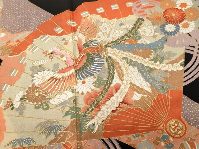 平和屋着物■豪華黒留袖 駒刺繍 檜扇鳳凰吉祥花文 金彩 正絹 逸品 CABH9110ev