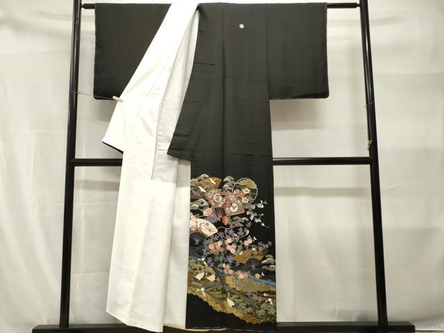平和屋着物■豪華黒留袖 駒刺繍 群鶴扇面雪輪草花文 金彩 正絹 逸品 CABH9116ev