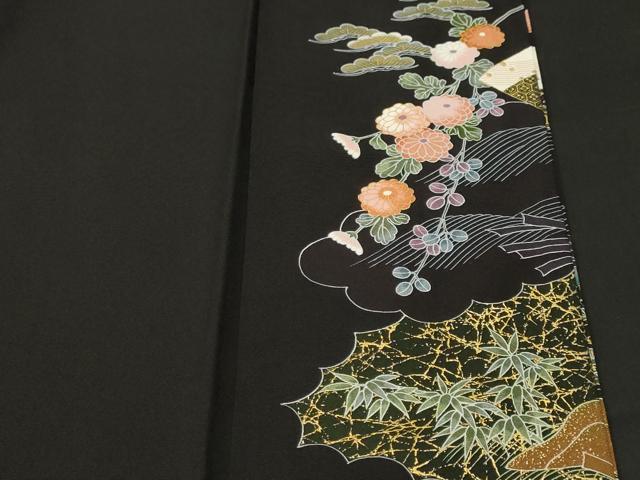 平和屋着物■豪華黒留袖 駒刺繍 群鶴扇面雪輪草花文 金彩 正絹 逸品 CABH9116ev