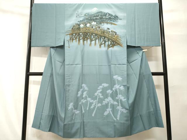 平和屋着物□男性 長襦袢 無双仕立て 富士山 人物風景文 金彩 正絹