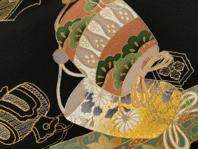 平和屋着物■豪華黒留袖 駒刺繍 誰が袖花飛鶴文 印籠花文 宝尽し 金彩 正絹 逸品 CABH9146ev