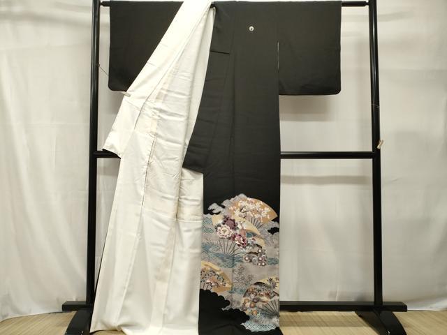 平和屋着物■豪華黒留袖 扇面尾長鳥花文 銀彩 正絹 逸品 CABH9150ev