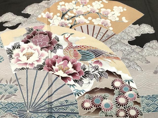 平和屋着物■豪華黒留袖 扇面尾長鳥花文 銀彩 正絹 逸品 CABH9150ev
