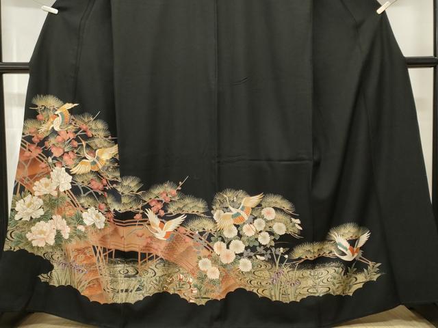 平和屋着物■豪華黒留袖 駒刺繍 渡り橋飛鶴松梅花文 金彩 正絹 逸品 CABH9218ev