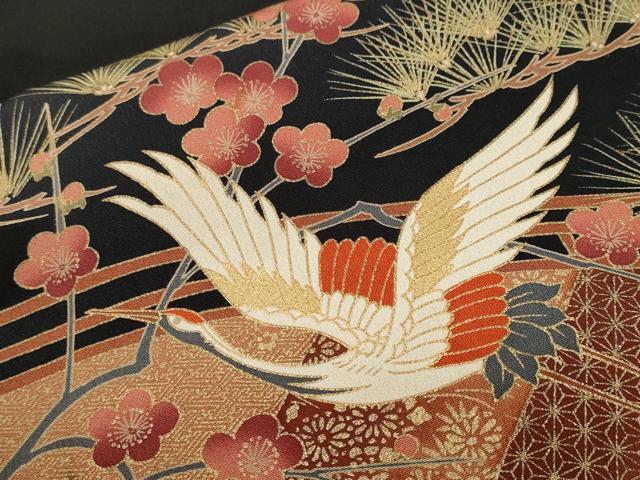平和屋着物■豪華黒留袖 駒刺繍 渡り橋飛鶴松梅花文 金彩 正絹 逸品 CABH9218ev