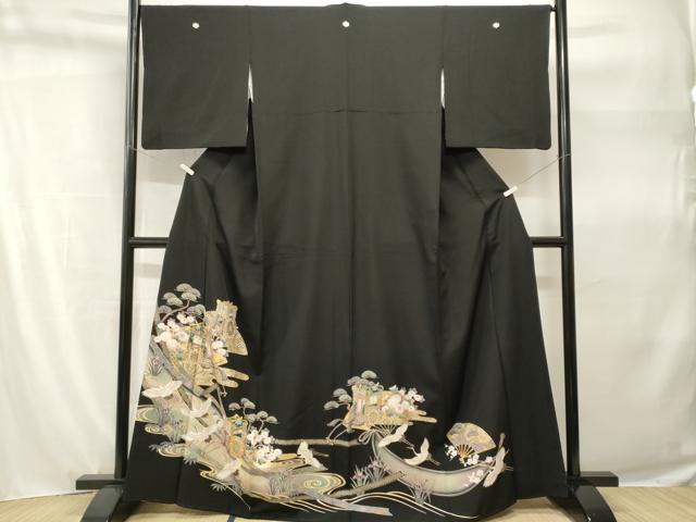 平和屋着物■豪華黒留袖 駒刺繍 扇面御所車飛鶴文 暈し染め 金彩 正絹 逸品 CABH9222ev