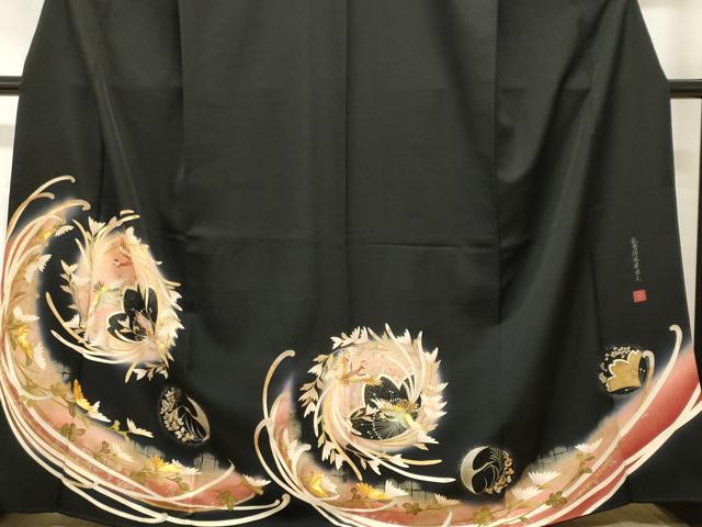 平和屋着物■世界的ファッションデザイナー 山本寛斎 kansaiブランド 黒留袖 駒刺繍 乱菊桜鳳凰図文 暈し染め 金銀彩 正絹 逸品 CABH9225ev
