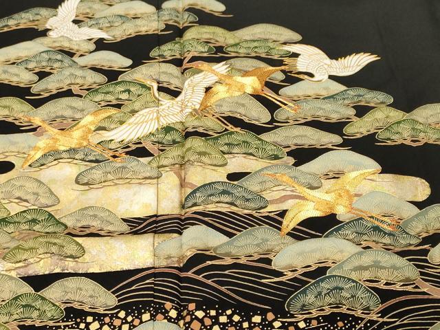 平和屋着物■豪華黒留袖 駒刺繍 浜松飛鶴花文 金彩 正絹 逸品 CABH9228ev