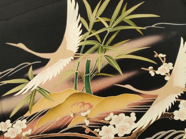 平和屋着物■豪華黒留袖 駒刺繍 松竹梅飛鶴地紙花文 暈し染め 金彩 正絹 逸品 CABH9234ev