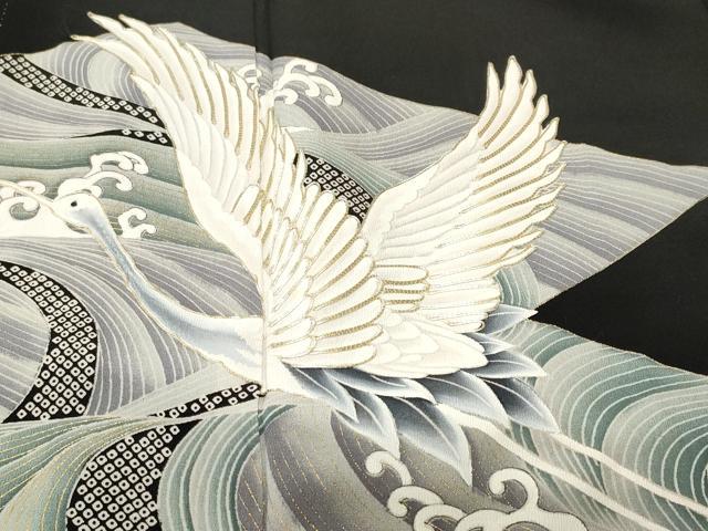 平和屋着物■豪華黒留袖 駒刺繍 立波飛鶴文 暈し染め 金彩 正絹 逸品 CABH9245ev