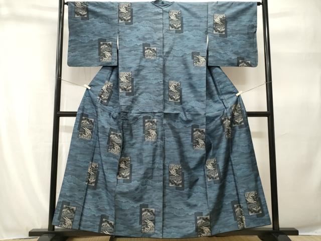 平和屋着物■上質な紬 色紙重ね 富士山 立波文 正絹 逸品 CABH9269ev