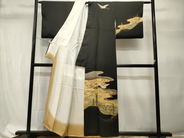 平和屋着物■訪問着 刺繍 流水白鷺文 暈し染め 黒地 金彩 正絹 逸品 CABH9302ev
