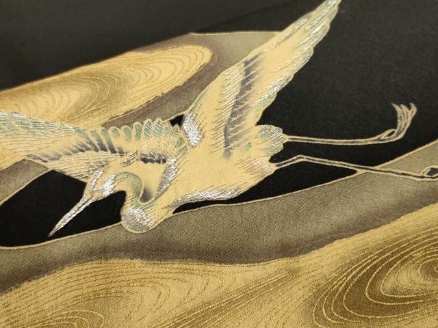平和屋着物■訪問着 刺繍 流水白鷺文 暈し染め 黒地 金彩 正絹 逸品 CABH9302ev