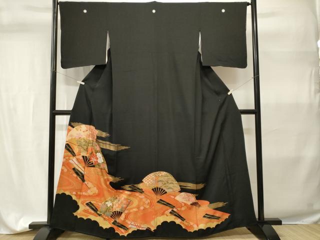 平和屋着物■豪華黒留袖 駒刺繍 扇面流水花文 金彩 正絹 逸品 CABH9323ev