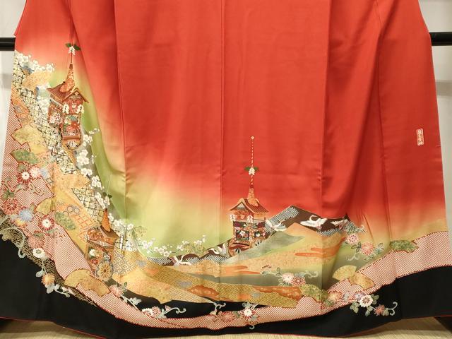 平和屋着物■豪華色留袖 幾久重袖 鉾 飛鶴花唐草文 暈し染め 金彩 正絹 逸品 CABH9499ev
