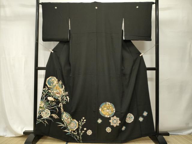 平和屋着物■豪華黒留袖 駒刺繍 絵皿鴛鴦文 白鷺草花文 金彩 正絹 逸品 CABH9562ev