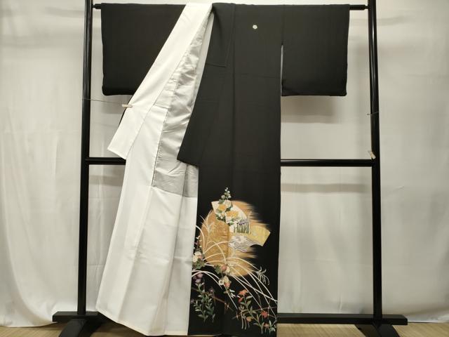 平和屋着物■豪華黒留袖 駒刺繍 地紙横笛草花文 暈し染め 金彩 正絹 逸品 CABH9565ev