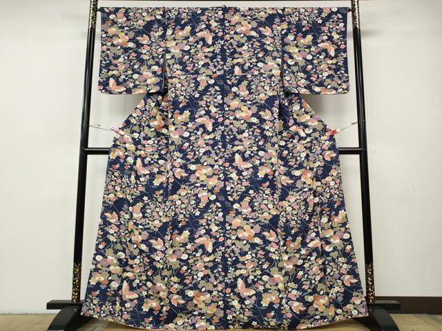 平和屋着物●上質な小紋 花蝶文 金彩 鬼しぼ縮緬 正絹 逸品 CABH9619ut