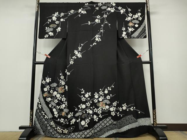 平和屋着物●訪問着 絞り 刺繍 地紙枝花文 黒地 金銀彩 正絹 逸品 CABH9636ut
