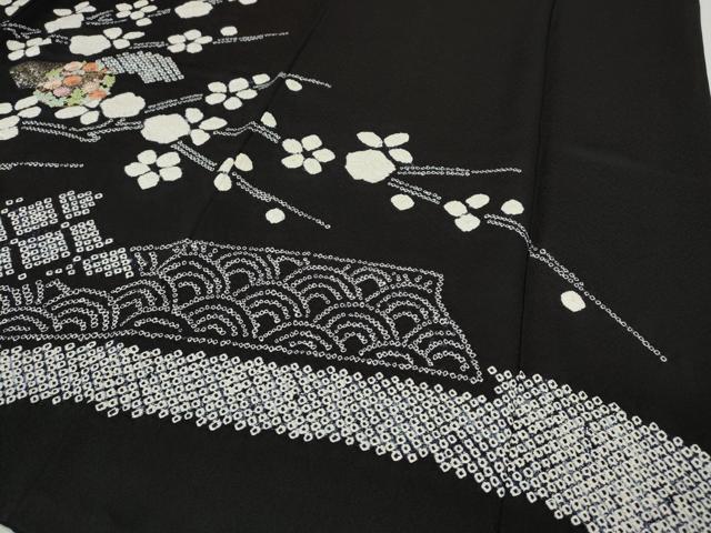 平和屋着物●訪問着 絞り 刺繍 地紙枝花文 黒地 金銀彩 正絹 逸品 CABH9636ut