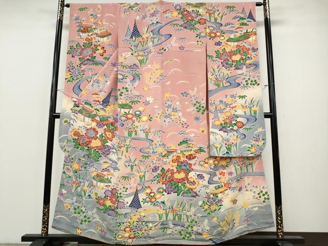 平和屋着物●豪華振袖 型染め 流水風景草花文 暈し染め 鬼しぼ縮緬 正絹 逸品 CABH9643ut