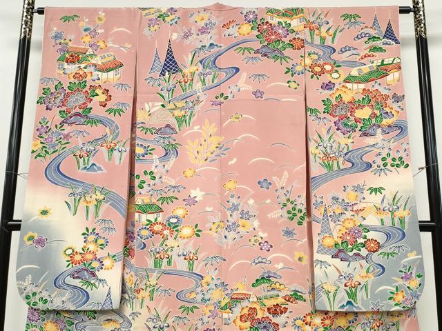 平和屋着物●豪華振袖 型染め 流水風景草花文 暈し染め 鬼しぼ縮緬 正絹 逸品 CABH9643ut