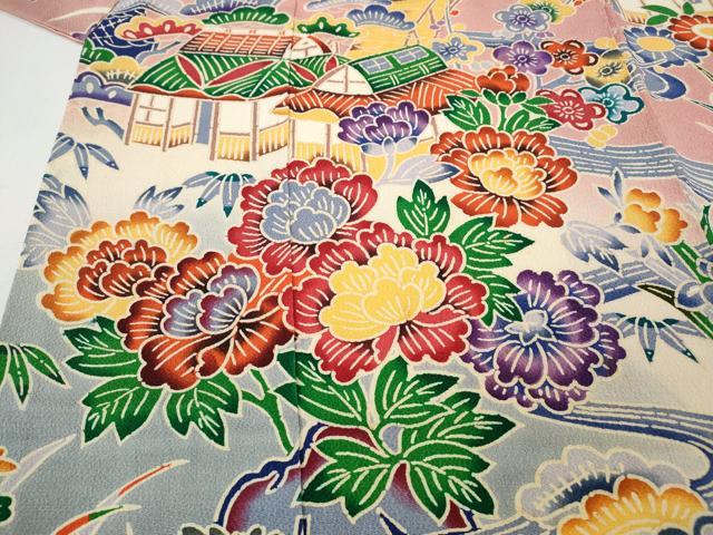 平和屋着物●豪華振袖 型染め 流水風景草花文 暈し染め 鬼しぼ縮緬 正絹 逸品 CABH9643ut