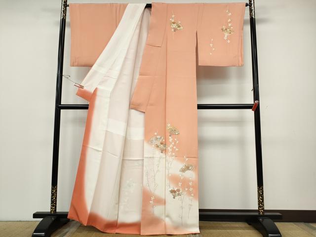 平和屋着物●訪問着 駒刺繍 扇面枝花文 暈し染め 金彩 正絹 逸品 CABH9645ut