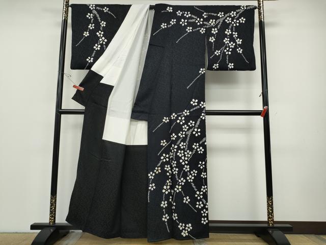 平和屋着物●訪問着 総絞り 枝花文 黒地 正絹 逸品 CABH9646ut