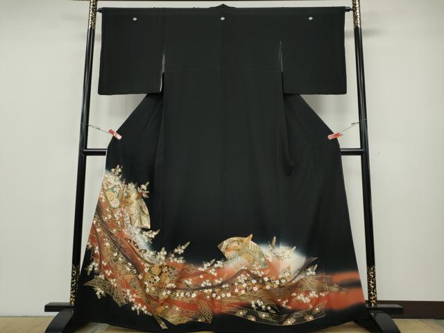 平和屋着物●豪華黒留袖 扇面鳳凰熨斗花文 暈し染め 金銀彩 正絹 逸品 CABH9649ut