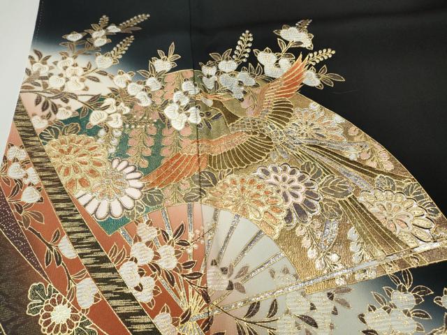 平和屋着物●豪華黒留袖 扇面鳳凰熨斗花文 暈し染め 金銀彩 正絹 逸品 CABH9649ut