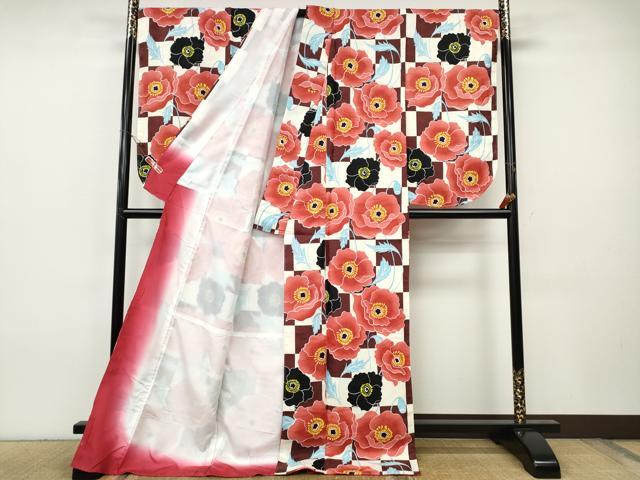 平和屋着物●小振袖 二尺袖 市松舞花文 洗える着物 未使用 CABH9688ut