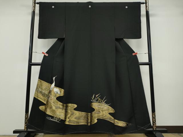 平和屋着物●豪華黒留袖 寿光織 鷺 流水草花文 金銀糸 正絹 逸品 CABH9714ut