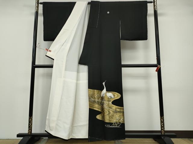 平和屋着物●豪華黒留袖 寿光織 鷺 流水草花文 金銀糸 正絹 逸品 CABH9714ut