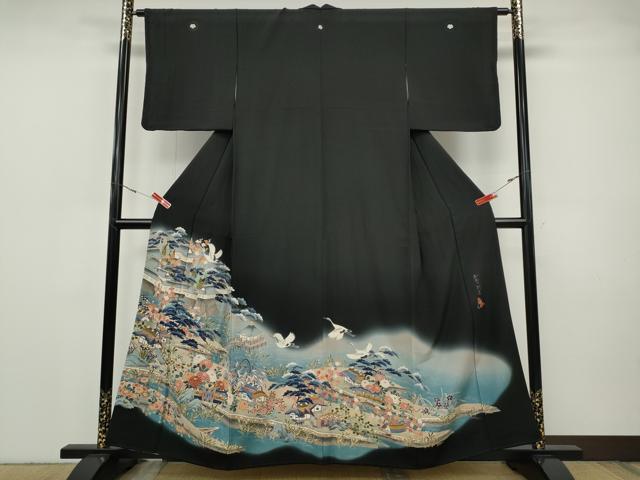 平和屋着物●豪華黒留袖 加賀特選 飛鶴風景草花文 暈し染め 正絹 逸品 CABH9715ut