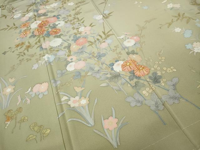 平和屋着物●十日町友禅作家 松雨 訪問着 駒刺繍 草花文 金銀彩 正絹 逸品 未使用 CABH9718ut