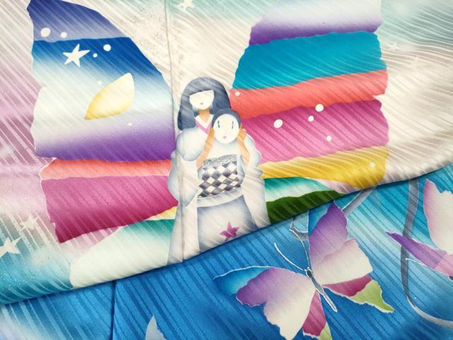 平和屋着物●絵本作家 永田萌 振袖 人物舞蝶文 暈し染め 銀彩 正絹 逸品 CABH9737ut