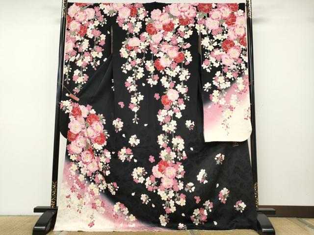 平和屋着物●ファッションブランド hiromichi nakano ヒロミチナカノ 振袖 舞桜文 暈し染め 黒地 正絹 逸品 CABH9739ut
