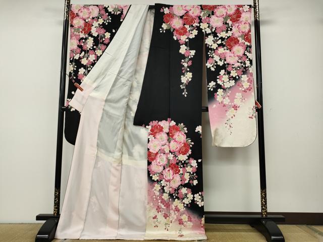 平和屋着物●ファッションブランド hiromichi nakano ヒロミチナカノ 振袖 舞桜文 暈し染め 黒地 正絹 逸品 CABH9739ut