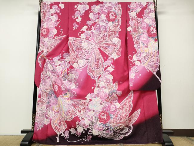 平和屋着物●豪華振袖 花蝶文 ラインストーン 暈し染め 銀通し地 正絹 逸品 CABH9741ut