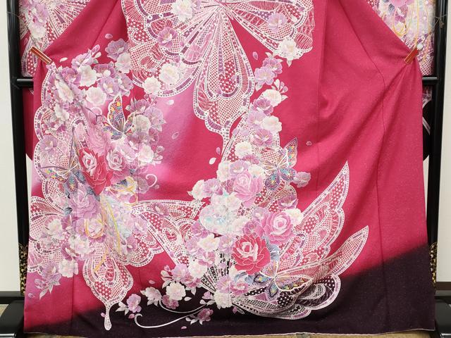 平和屋着物●豪華振袖 花蝶文 ラインストーン 暈し染め 銀通し地 正絹 逸品 CABH9741ut
