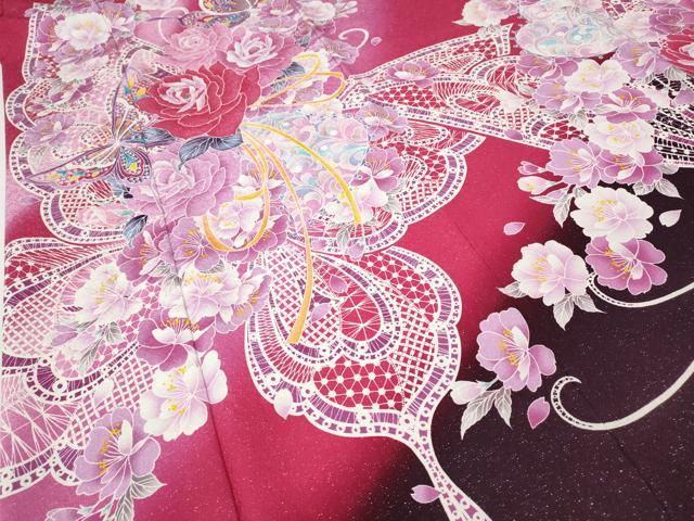 平和屋着物●豪華振袖 花蝶文 ラインストーン 暈し染め 銀通し地 正絹 逸品 CABH9741ut