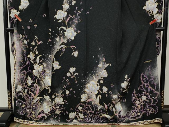 平和屋着物●豪華振袖 刺繍 草花文 黒地 銀通し地 正絹 逸品 CABH9742ut
