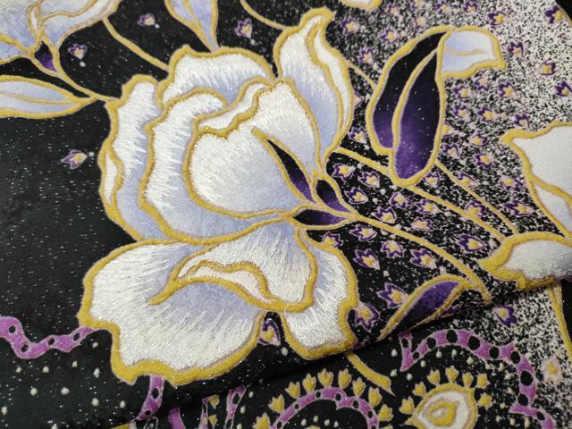平和屋着物●豪華振袖 刺繍 草花文 黒地 銀通し地 正絹 逸品 CABH9742ut