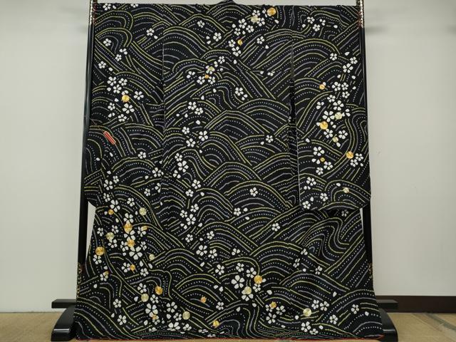 平和屋着物●豪華振袖 駒刺繍 絞り 流水花文 黒地 正絹 逸品 CABH9744ut