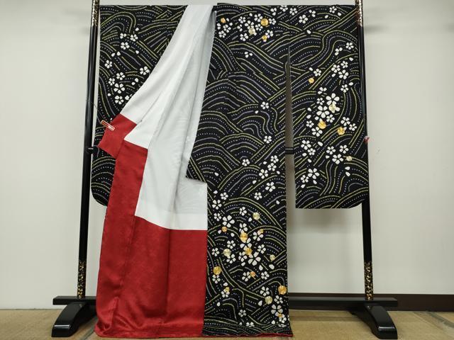 平和屋着物●豪華振袖 駒刺繍 絞り 流水花文 黒地 正絹 逸品 CABH9744ut