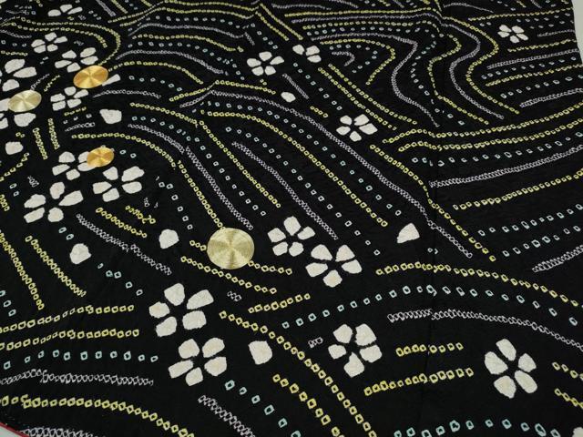 平和屋着物●豪華振袖 駒刺繍 絞り 流水花文 黒地 正絹 逸品 CABH9744ut