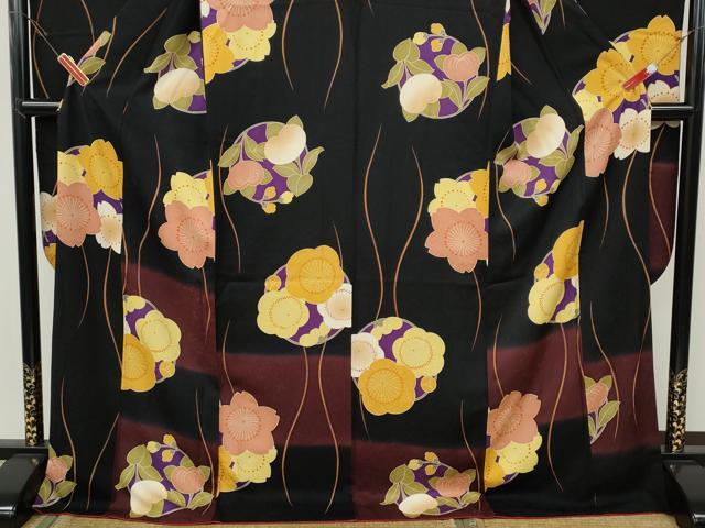 平和屋着物●豪華振袖 立涌花丸文 暈し染め 黒地 正絹 逸品 CABH9791ut